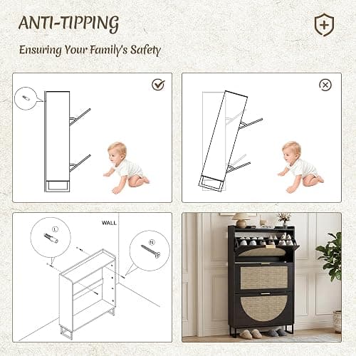 BonVache Rattan Shoe Storage Cabinet Black with Adjustable Shelves, Storage Unit for Hallway, Wooden Shoe Organiser with 3 Flip Drawers, Entryway and Living Room thumbnail 4