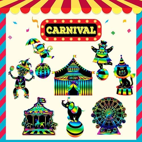 RoundFunny 80 Pcs Carnival Cutouts Scratch Cards Circus Theme Party Crafts Kids Colorful Circus Animals Scratch Paper for DIY with 80 Pcs Stick and Ribbon for Birthday Party Classroom Rewards Art thumbnail 6