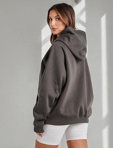 Lauweion Women Solid Basic Fleece Letter Loose Hoodie Sweatshirt Long Sleeve Kangaroo Pocket Drop Shoulder Pullovers Top - Small - Dark Grey thumbnail 9