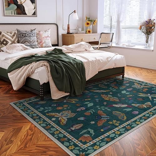 Lahome Insect Print Washable Rugs for Living Room, Soft Area Rug 6x9 Rug for Bedroom Ultra-Thin Dining Room Rug, Stain Resistant Large Carpet for Office Nursery Vionnet(6'x9',Dark Green) thumbnail 6