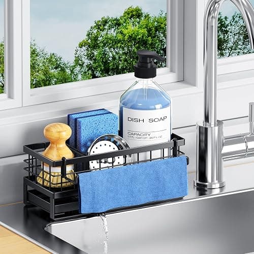 DYFVREN Kitchen Sink Sponge Holder, Rustproof Non-Slip Self-Draining Metal Sink Caddy with Detachable Dish Cloth Holder (Black) - Image 1