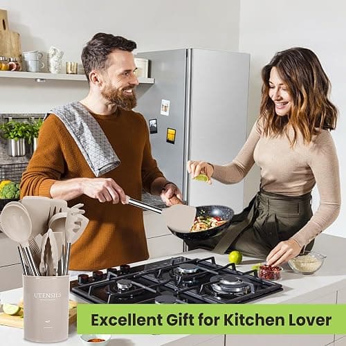 Cooking Utensils Set, 35Pcs Silicone Kitchen Utensils Set with Holder, 446°F Heat Resistant Food Grade Spatula Set, BPA Free Kitchen Gadgets for Non-stick Cookware, Easy to Clean (Khaki) thumbnail 2