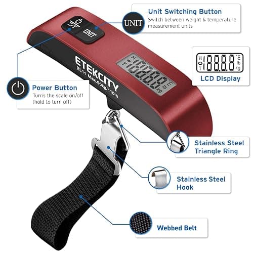 Etekcity Luggage Scale, Digital Weight Scales for Travel Accessories Essentials Suitcases , Portable Handheld Scale with Temperature Sensor, Rubber Paint, 110 Pounds, Battery Included | Travel Essentials, Air Travel, Suitcase, Hanging Hook, Rubber Grip, Battery Included, Easy-to-Read Display thumbnail 6