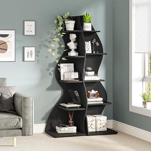 Tribesigns Corner Shelf, Modern 5-Tier Wall Corner Bookshelf, Stylish Corner Small Bookcase Storage Rack Plant Stand with Unique Shape for Living Room, Home Office, (1PC, Black) thumbnail 6