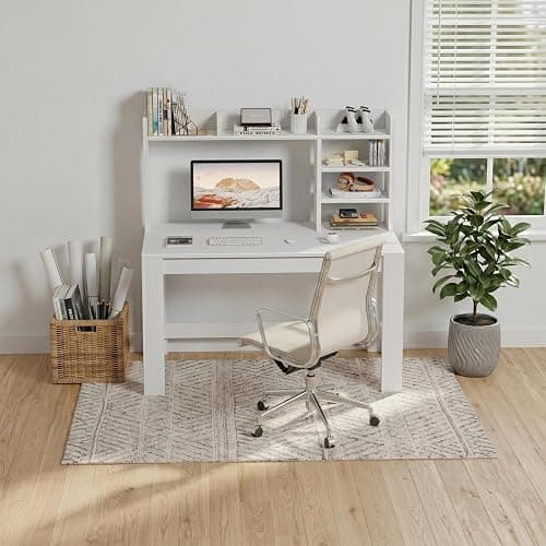 WINAZ 43" White Student Desk with Hutch and Built-in Power Outlet | Computer Writing Desk with Storage Shelves for Small Space, Modern Home Office Workstation for Bedroom Dorm thumbnail 4