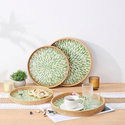 Round Rattan Tray with Mother of Pearl Inlay, Rattan Serving Tray with Wooden Base, Decorative Wicker Basket for Table Decor, Storage and Display of Coffee Bread Food Fruit (Leaf 13.5") thumbnail 6