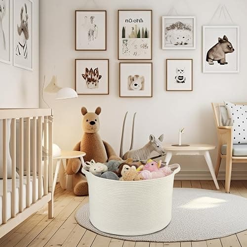 XUANGUO Extra Large Cotton Rope Basket Blankets Basket Living Room 22"x14" Toy Basket for Kids Dogs Rope Storage Basket for Nursery Woven Laundry Basket for Clothes Towels Baby Toy Storage round white thumbnail 6