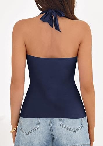 PRETTYGARDEN Womens Halter Top 2026 Spring Tie Wrap Sleeveless Ruched V Neck Fitted Summer Tops Backless Fashion Y2k Clothes thumbnail 5