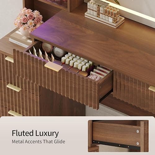 HAUOMS Big Vanity, Fluted Wood Makeup Vanity Desk with Mirror and Sound Sync LED Lights, Large Vanity Dressing Table, 8 Drawers, Charging Station for Girls, Women (Walnut, 59.1" Width) thumbnail 9