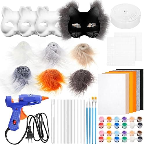 Seenelling 33 Pcs Therian DIY Mask Kit for Beginners Including Blank Cat Mask Faux Fur Fabric Felt Fabric Plastic Mesh Sheet(Warm Colors) - Image 1