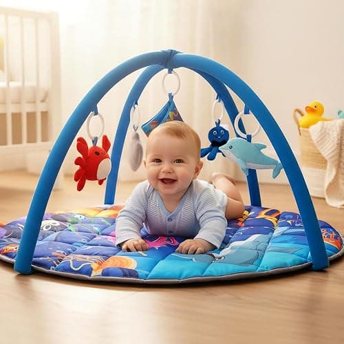 Yeeeasy Ocean Theme Baby Play Gym Mat, Tummy Time Activity Mat with 5 Detachable Marine Toys, Sensory & Motor Skill Development for 0 3 6 9 12 Month Baby and Newborns, Vibrant Deep Blue thumbnail 5