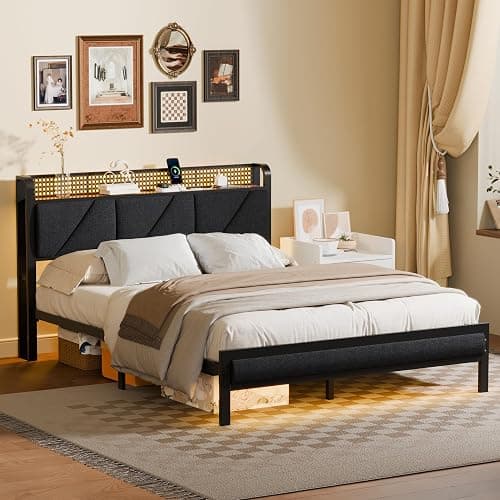Furnulem Queen Bed Frame with Headboard and Storage Shelf, LED Light and Charging Station, Metal Platform Bed with Heavy Duty Slats, No Box Spring Needed, Noise Free & Easy Assembly thumbnail 8