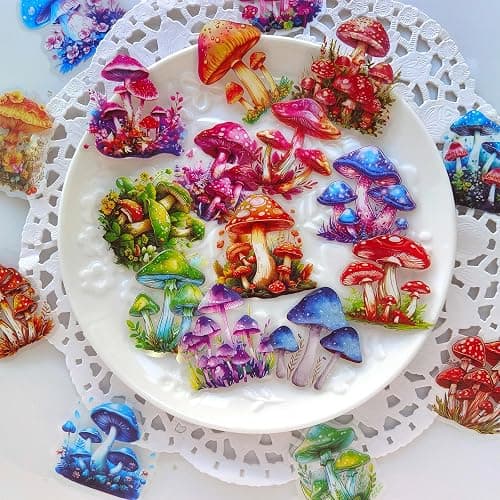 Ychsring Colorful Mushroom Stickers - 50 Pcs Clear PET Mushroom Aesthetic Stickers for Scrapbooking, Journaling, Junk Journal, Scrapbook Supplies - Waterproof Transparent for Resin, Crafts Decorative thumbnail 2