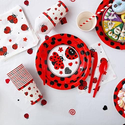 Sumind 200 Pcs Ladybug Birthday Party Decorations Set Ladybug Themed Party Supplies Balloon Tableware Happy Birthday Banner Dot Tablecloth Cup Straw Napkin Baby Shower Decor(54 x 108 Inch,Multicolor) thumbnail 7