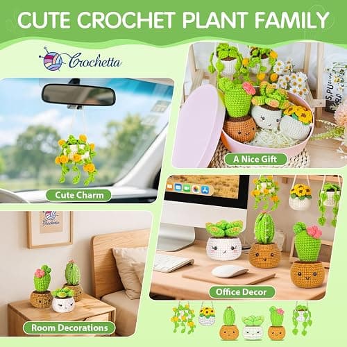 Crochetta Crochet Kit for Beginners, Crochet Starter Kits for Adults, Amigurumi Craft Knitting Crocheting Kits with Step-by-Step Video Tutorials, 6 Pc Hanging Potted Plants Family(40%+ Yarn thumbnail 6