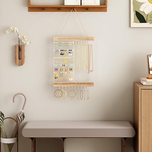 Hanging Jewelry Organizer and Storage, 5-Tier White Earring Necklace Holder Jewelry Display Organizer Stand Rack, Wall Mounted for Earrings Necklaces Bracelets and Rings, White thumbnail 8