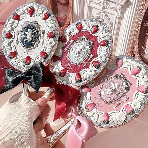 Flower Knows Strawberry Cupid Hand Mirror,Vintage Handheld Mirror,Fancy & Pretty Princess Mirror with Long Handle,Gift for Girls & Women(Red Velvet) thumbnail 7