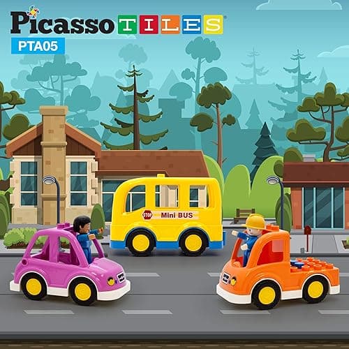 PicassoTiles Magnetic Figures 5 Piece Vehicle and Action Figure Set Including School Bus, Car, Truck and 2 Drivers Magnet Expansion Pack Toddler Toy Kit Pretend Playset for Construction Building Block - Vehicle thumbnail 4