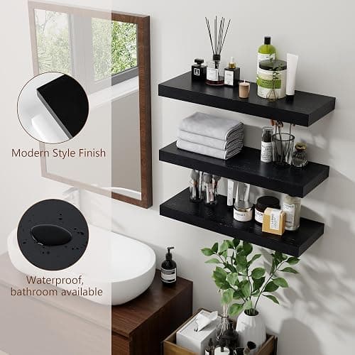 fuqing Floating Shelves for Wall - Black Wood Wall Shelves Set of 3 - Modern Style Wooden Shelves for Room Decor & Storage thumbnail 6