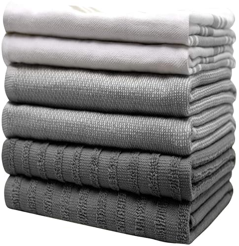 Premium Kitchen Towels (20”x 28”, 6 Pack) | Large Cotton Dish Towels | Flat & Terry Highly Absorbent Kitchen Linen Set with Hanging Loop | Grey Striped thumbnail 6