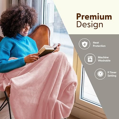 KEPLIN Large Electric Heated Throw Blanket - Electric Heated Blanket Throw for Bedspread 9 Heat Settings & Timer, Machine Washable Fleece Wool Duvet with 1 Year Warranty - Blush/Cream Sherpa thumbnail 3
