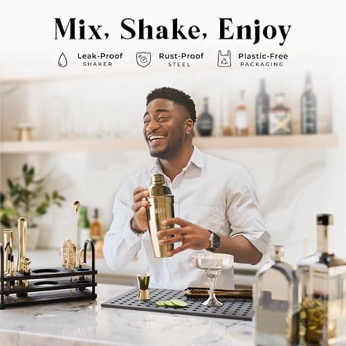 BARE BARREL® Mixology Bartender Kit Bar Set | 14-Piece Cocktail Shaker Set | Martini Barware Mixing Tools for Home Bartending | 35 Recipe Cards | Gift Set (24oz Cobbler Shaker, Gold/Black) thumbnail 3