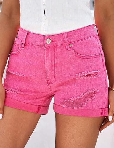 luvamia Women's Ripped High Waisted Denim Shorts Stretchy Cuffed Hem Jean Shorts thumbnail 7