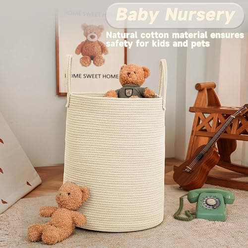 JMvicyroam Large Woven Laundry Basket Hamper,60L Cotton Rope Storage Bin for Blankets,Toys and Clothes,Decorative Tall Nursery Hamper for Living Room,Baby Nursery,Bathroom and Bedroom,Beige thumbnail 2
