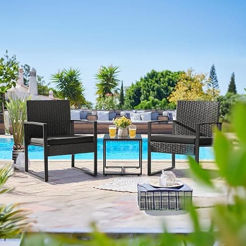 Flamaker 3 Pieces Outdoor Patio Wicker Furniture Set, Modern Rattan Chair Conversation Sets with Coffee Table for Yard and Bistro (Black) thumbnail 7
