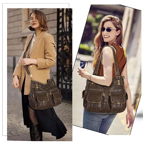 Angel Kiss Women's Designer Handbag Large Double Zipper Multi Pocket Washed Leather Purse thumbnail 2