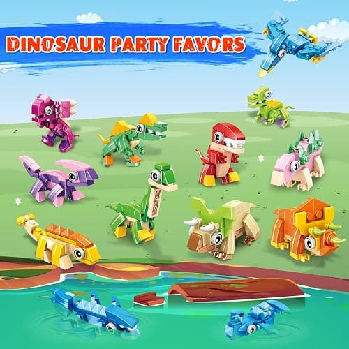 LINAYE 12 Packs Dinosaur Party Favors for Kids - 417 PCS Mini Dinosaur Building Blocks Set Toys for Boys Kids Easter Stuffers Fillers Birthday Valentines Day Gifts Classroom Prizes thumbnail 5