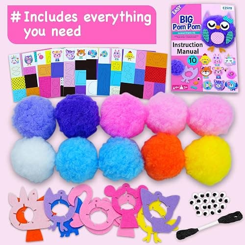 EZCRA Kids Crafts Ages 4-8 – 10 Plush Pom Pom Animal All-in-One DIY Craft Set – Felt Stickers, Educational & Creative Gift for Girls & Boys thumbnail 3