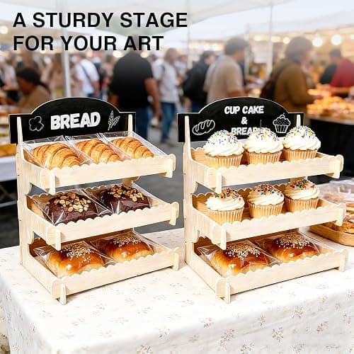 Cookie Display Stand for Vendors,Wooden Bakery Display Stand for Bakers,Tool-Free Stand with Chalkboard Sign for Market Booths &Craft Fairs.Tiered Dessert Stand for Cupcakes, Muffins & Pastries.Easy Assembly Fit for Small Shop & Events. thumbnail 4