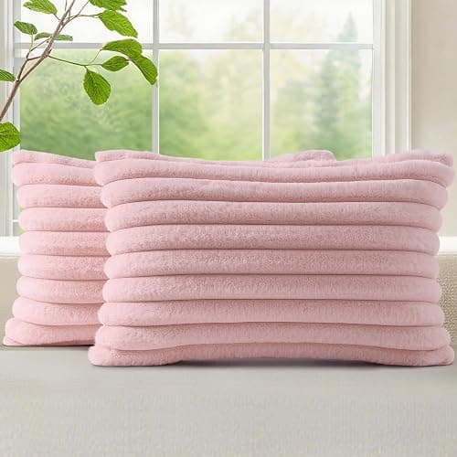 decorUhome Fall Cozy Faux Fur Throw Pillow Covers 12x20 Set of 2 Decorative Soft Plush Striped Lumbar Modern Farmhouse Boho Couch Pillow Cases with Velvet Back for Sofa Bed Living Room, Pink - Image 1