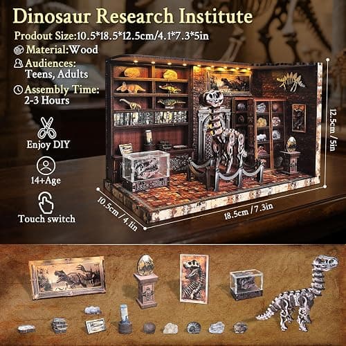 FLYINTOYS Book Nook Kit, DIY Miniature Dollhouse Booknook Kit for Adults and Teens, 3D Wooden Puzzle Bookshelf Crafts Kits with LED Light for Family and Friends (Dinosaur Research Institute) thumbnail 3
