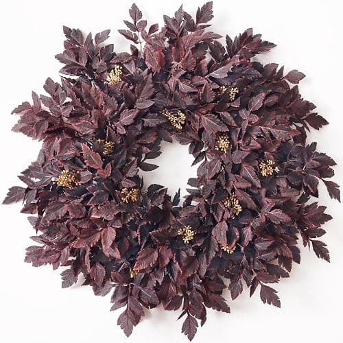 26" Artificial Cimicifuga Fall Wreath for Halloween Front Door(Dark Purple) | Realistic Large Fake Cimicifuga Leaf,Lush Faux Halloween Wreath,for Window Front Porch Outdoor Farmhouse Autumn Home Decor - Image 1
