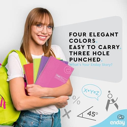 Emraw Graph Paper Notebook (4 Pack) Grid Notebook, Graph paper spiral notebook, Graph notebook, 4 Squares per inch Grid paper notebook, White Paper Quad Ruled Spiral Assorted Colors - by Enday thumbnail 4