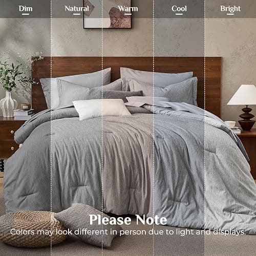JOLLYVOGUE Grey Queen Comforter Set, Cationic Dyeing Bed in a Bag Queen 7 Pieces, Double-Tone Bedding Set with Down Alternative Comforter, Sheets, Pillowcases & Shams thumbnail 9