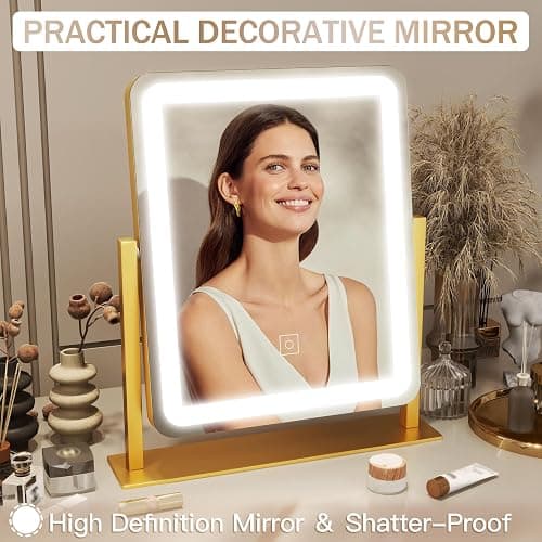 ROLOVE Gold Vanity Mirror with Lights, 15"x13" Lighted Makeup Mirror with Smart Touch, 3-Color Dimmable Lighting, 360° Rotation, Tabletop Mirror for Desk or Bedroom thumbnail 3