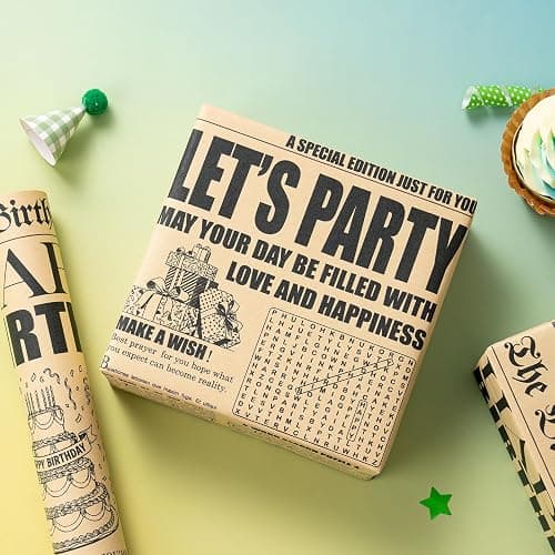 RUSPEPA Kraft Birthday Newspaper Wrapping Paper Roll, Vintage Retro Birthday Headlines with Party Cake & Gifts Design, Kraft Gift Wrap for Adult Milestone Celebration, Party, 17 Inches x 16.4 Feet thumbnail 3