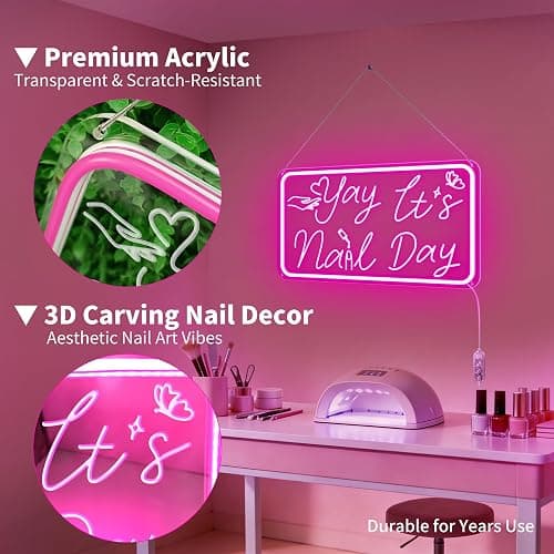 Yay It's Nail Day Neon Sign, Pink Neon Sign with 3D Carving Butterfly，Nails Neon Signs for Wall Decor, Bedroom - 3-Mode Dimmable USB Powered Salon Decor, Gifts for Nail Tech 16x8.8 Inches thumbnail 5
