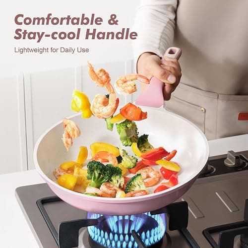 SENSARTE 9.5In Nonstick Ceramic Frying Pan with Lid, PFAS/PTFE Free, Pink | Ceramic Omelette Pan Skillet, Healthy Non-toxic Chef's Pan, Induction Compatible Pan, Heat Resistant Handle thumbnail 8