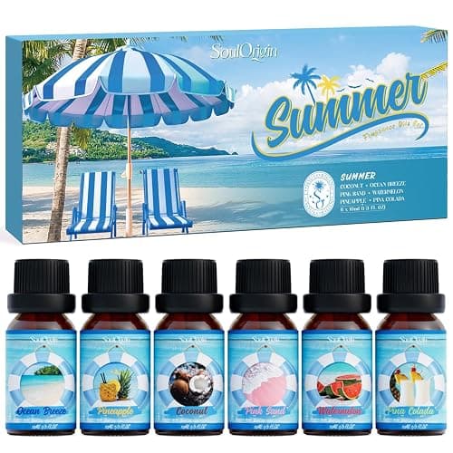 SoulOrigin Sommer ätherische Öle Set, Duftöl Geschenk Set für Öl Diffuser, Duftöle für Seifenkerze Herstellung 6x10ml Meeresbrise, Ananas, Wassermelone, Kokosnuss, rosa Strand und Pina Colada - Image 1