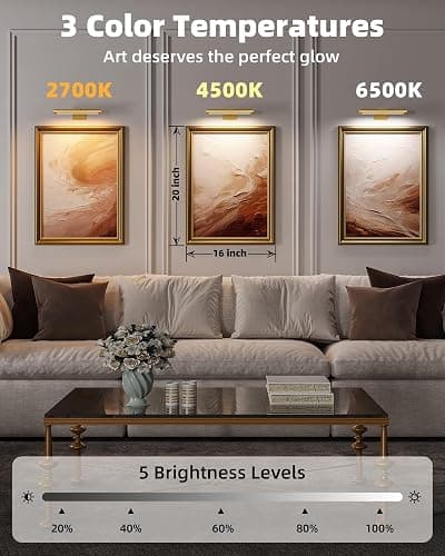 EZVALO Picture Light for Wall, Rechargeable 2400mAh Gold Lights Wireless with IR Remote, 3 Color & Dimmable Magnetic 7.87'' LED Lights Display for Painting, Living Room, Gallery, Bedroom Art(3P) thumbnail 5