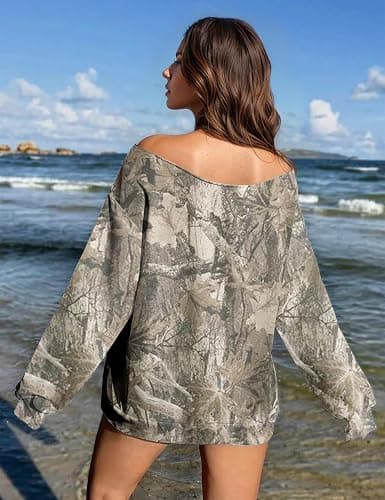 MISSACTIVER Camo Sweatshirt for Women Oversized Fleece Off Shoulder Long Sleeve Maple Leaf Print Pullover Sweater Tops thumbnail 3