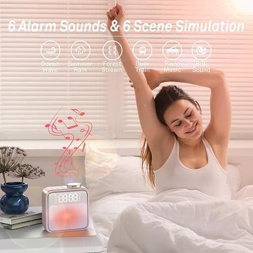 AIRIVO Alarm Clock Night Lights, Rechargeable Alarm Clock for Bedrooms, 6 Scenes & White Noise Sync, Dual Alarms & Snooze, for Heavy Sleepers, Gifts for Kids Teens (Pink) thumbnail 3