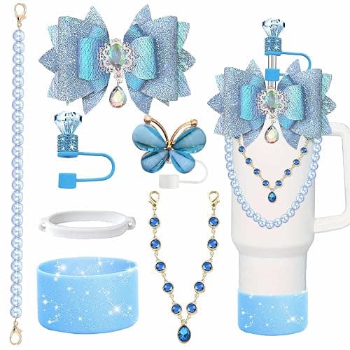 Diamond Bling Accessories for Stanley Cup Tumbler 40oz 30oz 24oz Blue Slate | 7PCS bling tumbler accessories set with bow charm, pearl handle strap, silicone boot, straw covers and charms - Image 1