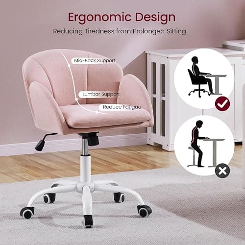 Yaheetech Fabric Vanity Desk Chair Modern Swivel Rolling Computer Chair with Armrests for Living Room, Bedroom, Makeup Room, Light Pink thumbnail 6