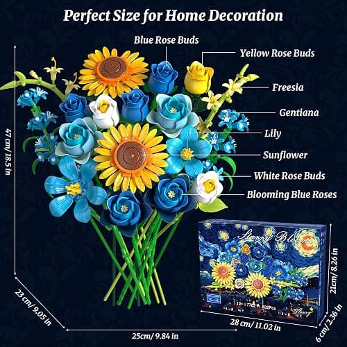 Teefrye Blue Rose Sunflower Building Block Set: Compatible with Lego Flowers Adults Women Gothic Artificial Botanical Collection Van Gogh Starry Night Christmas Valentine's Gifts Home Decor (832 PCS) thumbnail 3