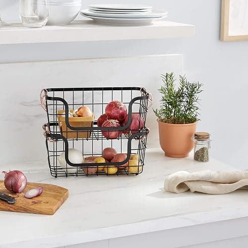 Amazon Basics Stackable Metal Wire Rectangular Storage Basket Set For Kitchen or Bathroom, 2 Count, Black thumbnail 2